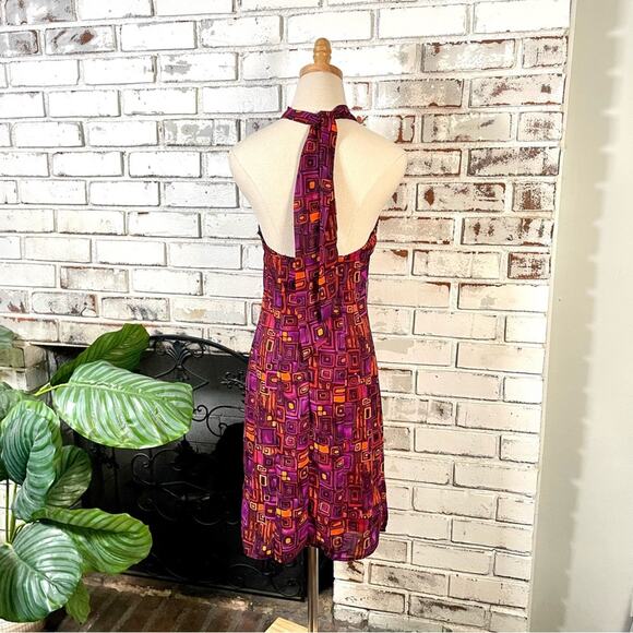 Vintage 90s Bright Pink Orange Geometric Print Mock Neck Halter Mini Dress Small - Picture 5 of 7